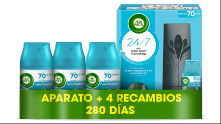 Aparato y 4 recambios de ambientador spray automático Air Wick Freshmatic