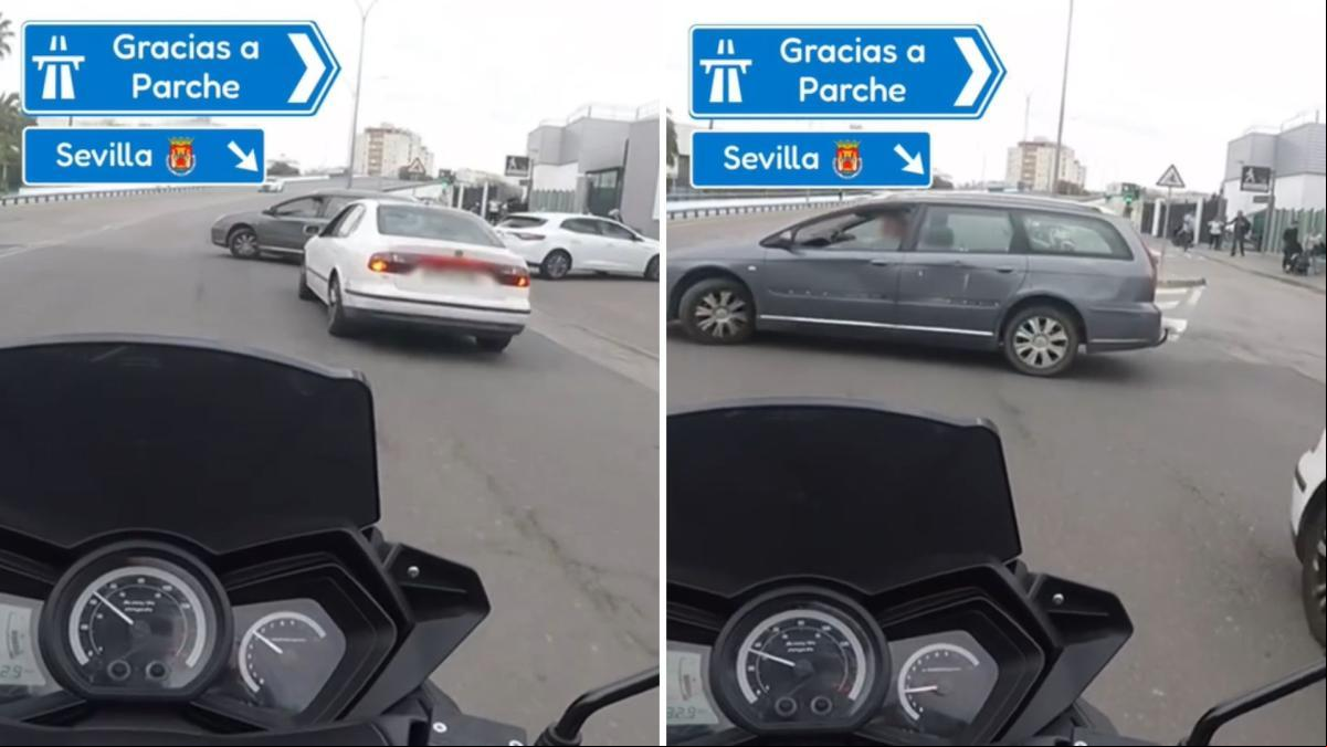 La temeraria salida que realiza un vehículo para cambiar de dirección en una calle de Sevilla y que casi provoca un accidente: “Así tiene el coche”